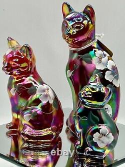 Fenton Iridiscent Red Carnival Glass Stylized Cats Set of 3 Signed Numbered