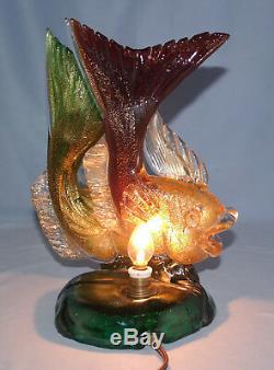 Italian Murano Seguso Vetri d'Arte Ruby & Green Glass Double Fish Figure Lamp