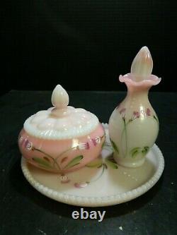 Vintage HP Signed Fenton Limited Edition Rosalene 3 Pc. Vanity Set #2905 EB Exc