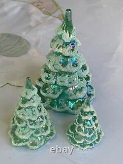 Vtg Fenton Iridescent Sea Mist Green Art Glass Xmas Tree Figurine Set Of 3 Qvc