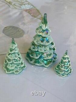 Vtg Fenton Iridescent Sea Mist Green Art Glass Xmas Tree Figurine Set Of 3 Qvc