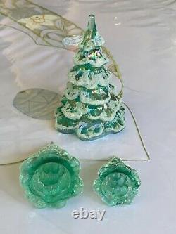 Vtg Fenton Iridescent Sea Mist Green Art Glass Xmas Tree Figurine Set Of 3 Qvc