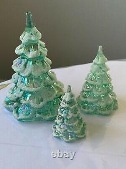 Vtg Fenton Iridescent Sea Mist Green Art Glass Xmas Tree Figurine Set Of 3 Qvc