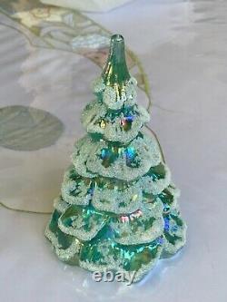 Vtg Fenton Iridescent Sea Mist Green Art Glass Xmas Tree Figurine Set Of 3 Qvc