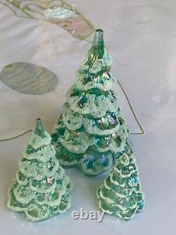 Vtg Fenton Iridescent Sea Mist Green Art Glass Xmas Tree Figurine Set Of 3 Qvc