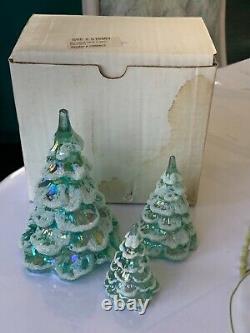 Vtg Fenton Iridescent Sea Mist Green Art Glass Xmas Tree Figurine Set Of 3 Qvc